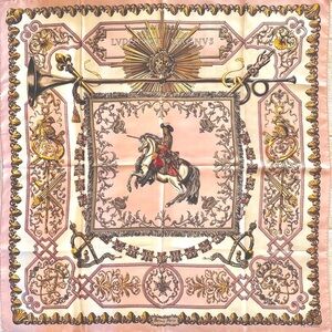 Hermes Pink, Gold & Brown Silk Scarf with Equestrian Motif